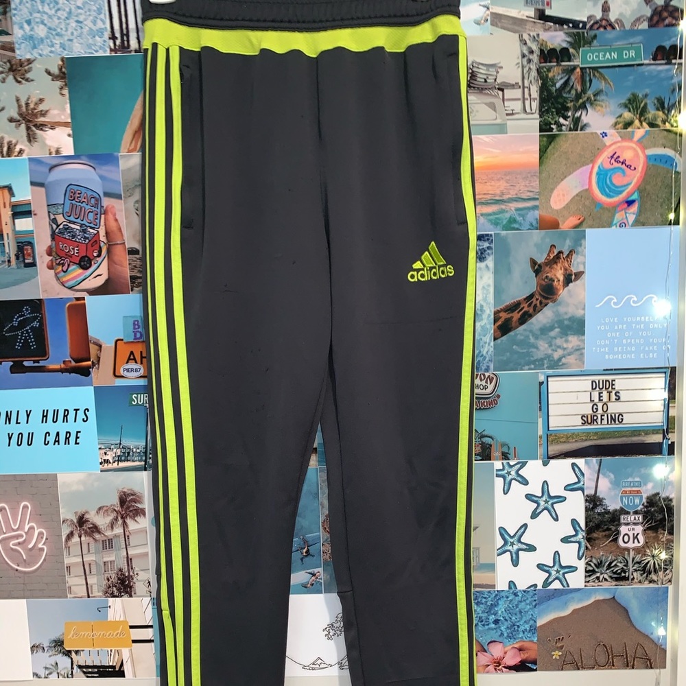 Grey Adidas Soccer Pants W/Neon Yellow stripe